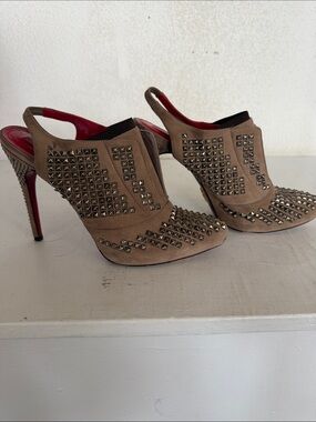 Cesare Paciotti Taupe Suede Studded Slingback Heels with Red Insole